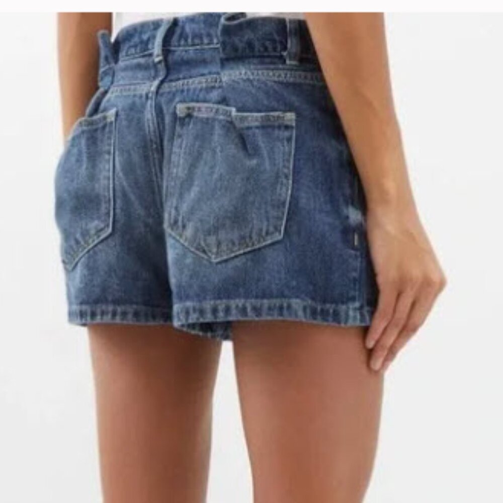 Raey Extra Fold Denim Shorts Dark Indigo Size 26 Casual  Gathered Waist Cute NWT - Picture 3 of 13